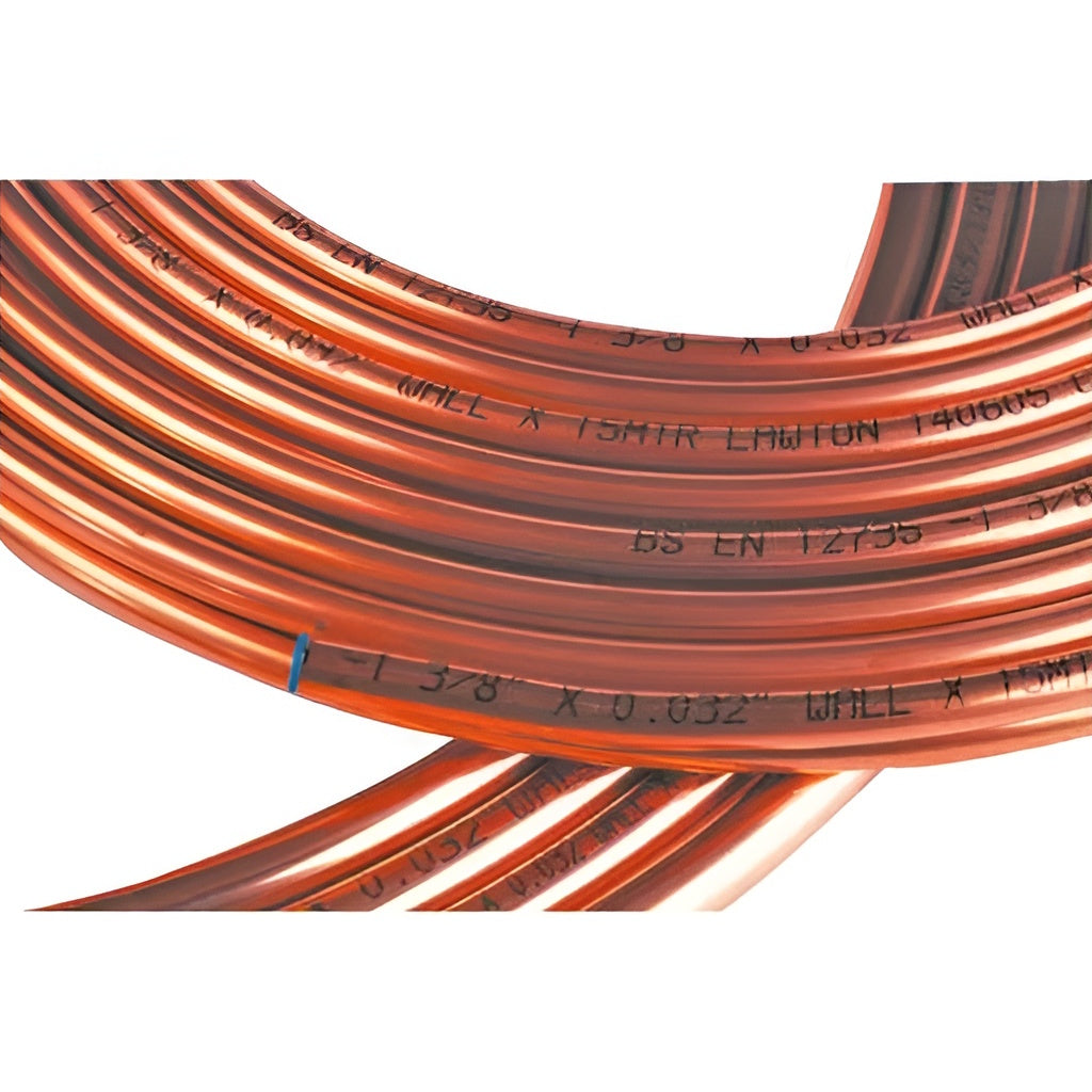 Coiled copper piping with black printed specifications on a white background.