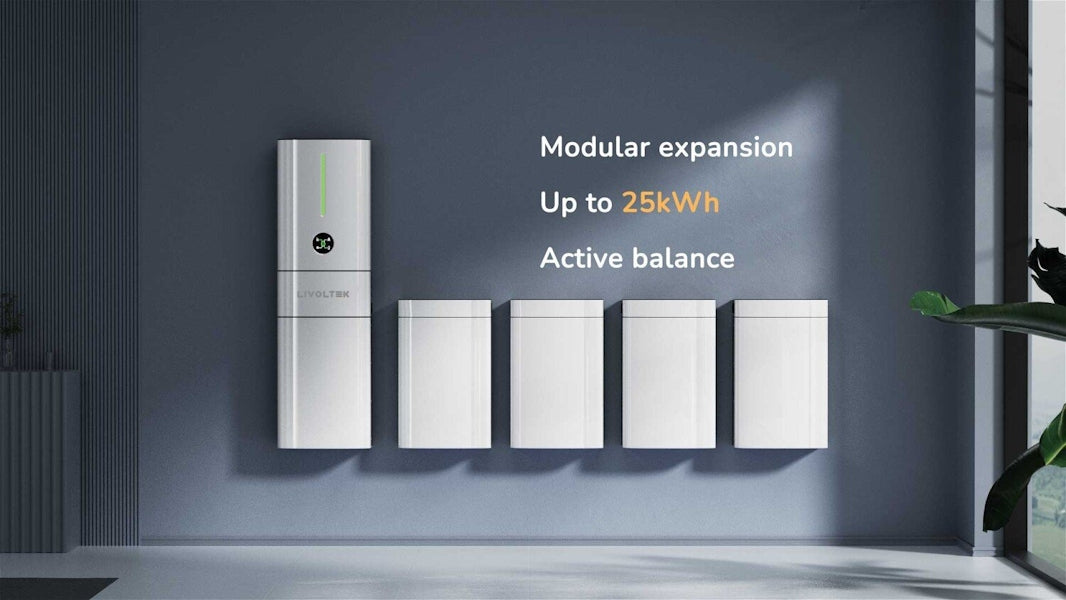 Livoltek energy storage system showcasing modular expansion up to 25kWh and active balance technology.