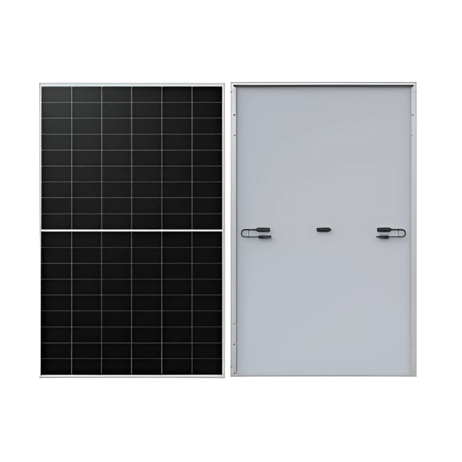 Solar panel with grid pattern on one side and a door-like structure on the other, on a white background.