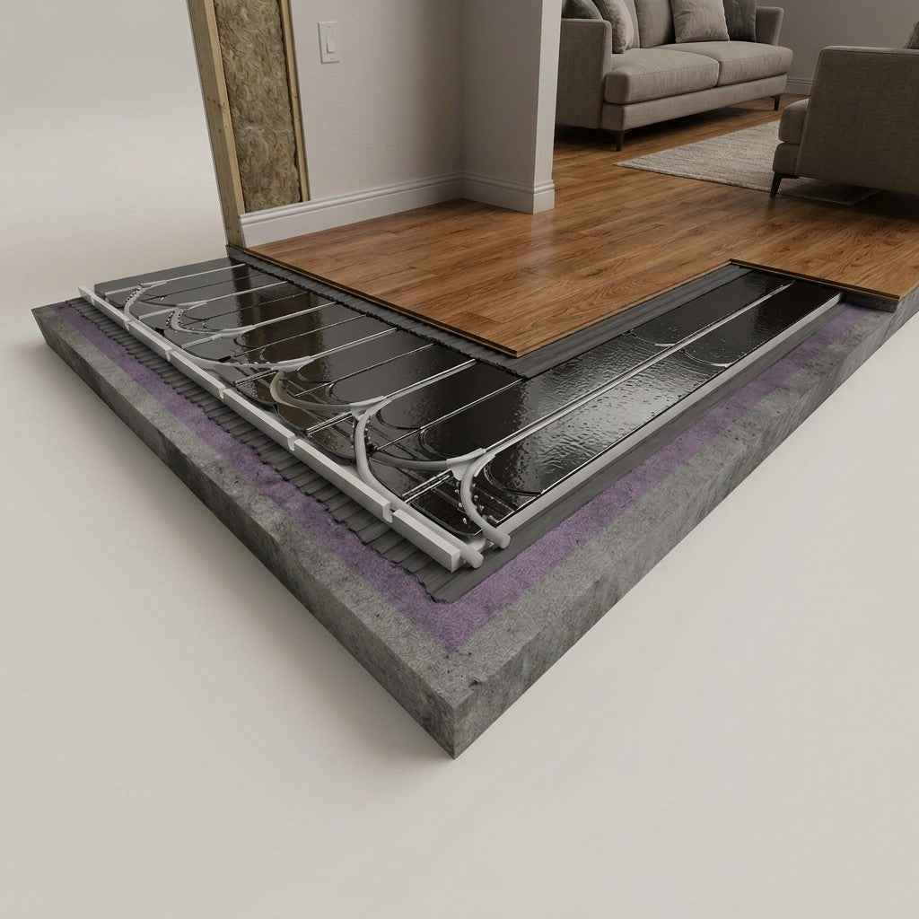Underfloor heating system installed in a concrete slab, shown with a raised floor level and a wood-look flooring sample in a modern living room setting.