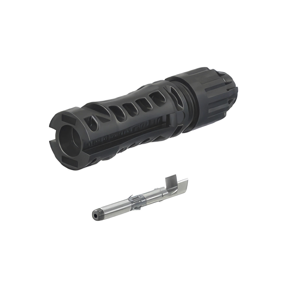Black staublic mc4 male solar panel connector with a smaller component on a white background