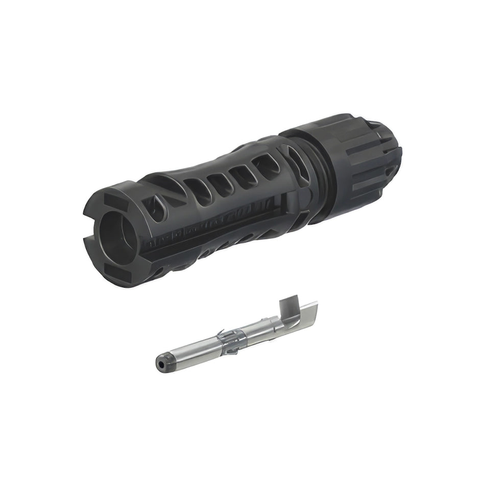 Black staublic mc4 male solar panel connector with a smaller component on a white background
