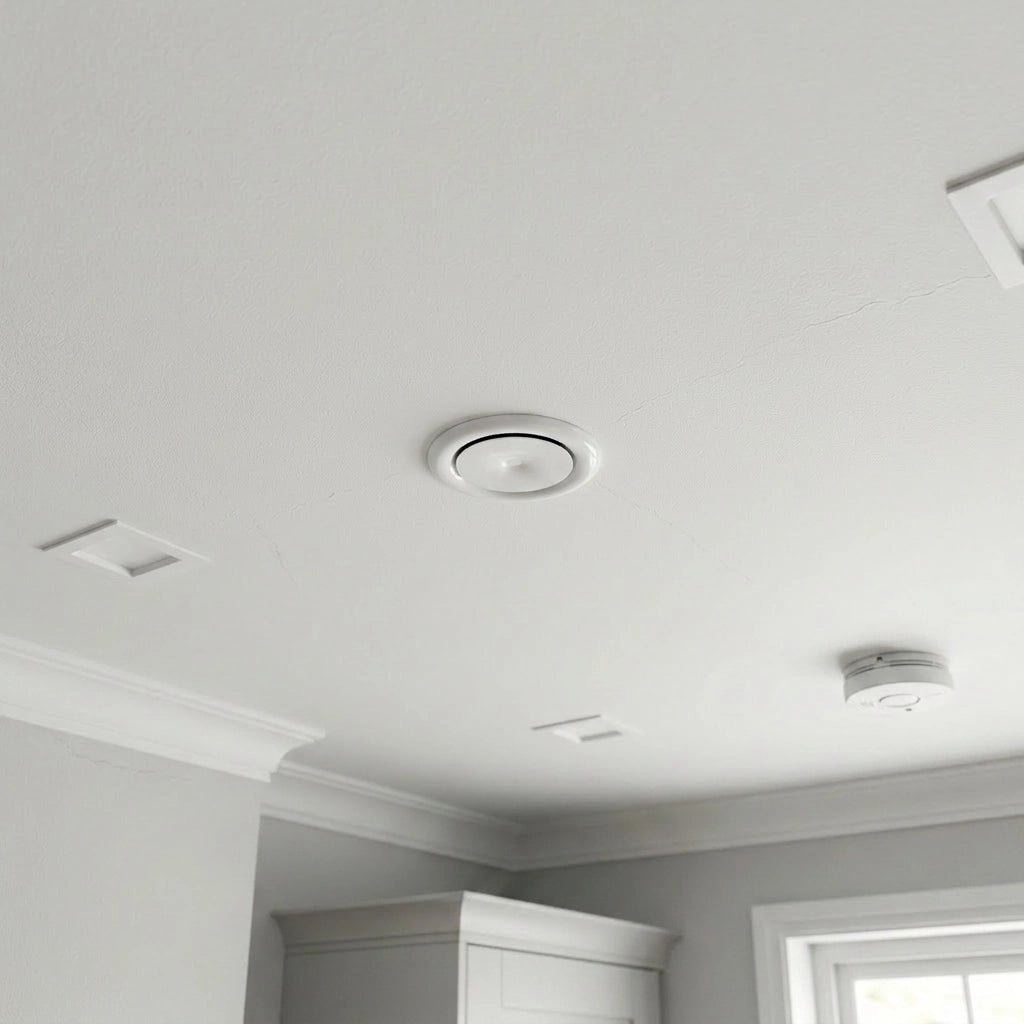 Ceiling with air valve and ventilation system in a modern kitchen interior.