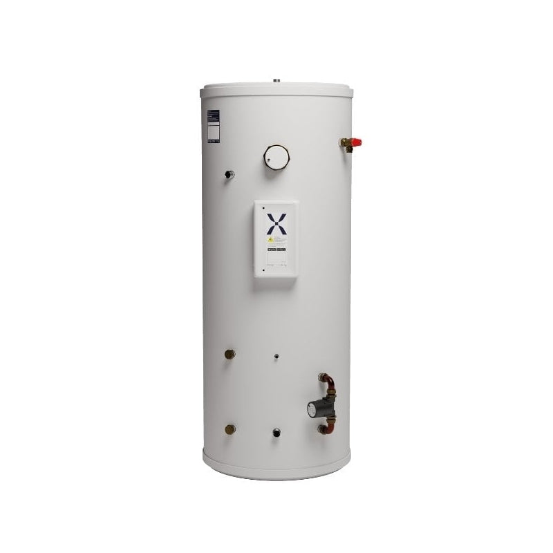 White Mixergy water heater cylinder with visible branding on a white background