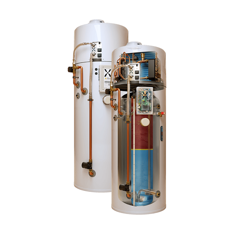 Two cylindrical water heaters with visible plumbing on a transparent background