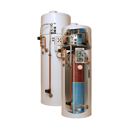 Two cylindrical water heaters with visible plumbing on a transparent background