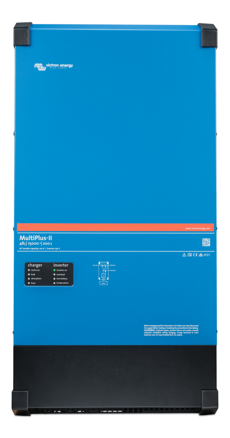 Blue power station with black base and white brand logo on a light gray background