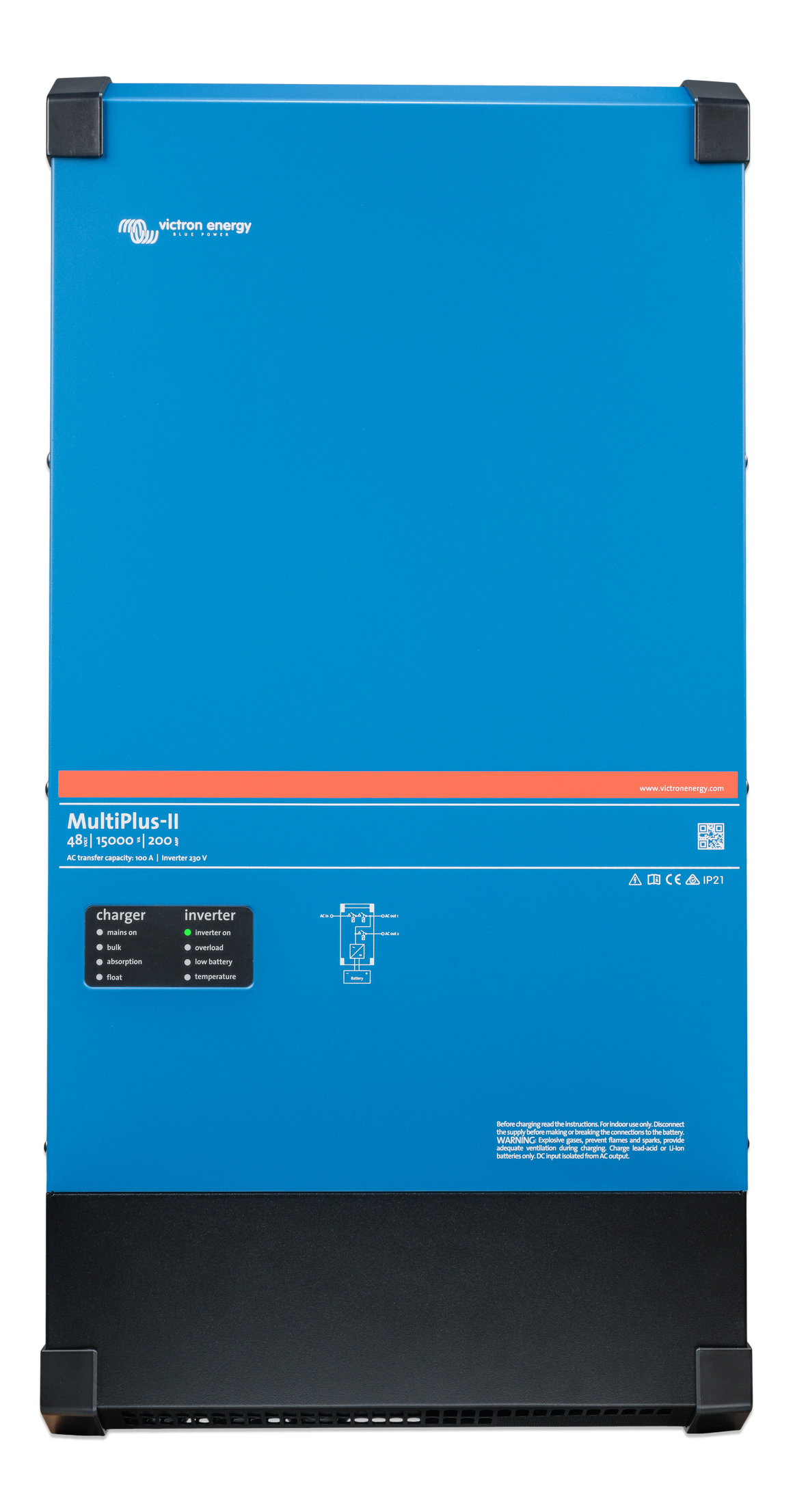 Blue power station with black base on a white background