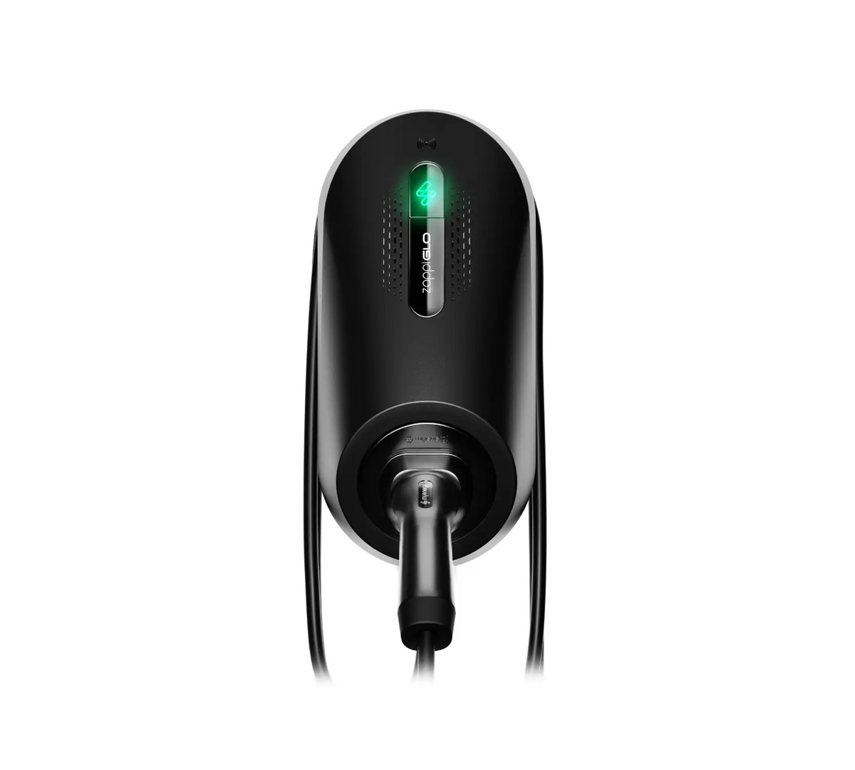 Myenergi Zappi Glo Black electric vehicle charging cable with a green light on a white background