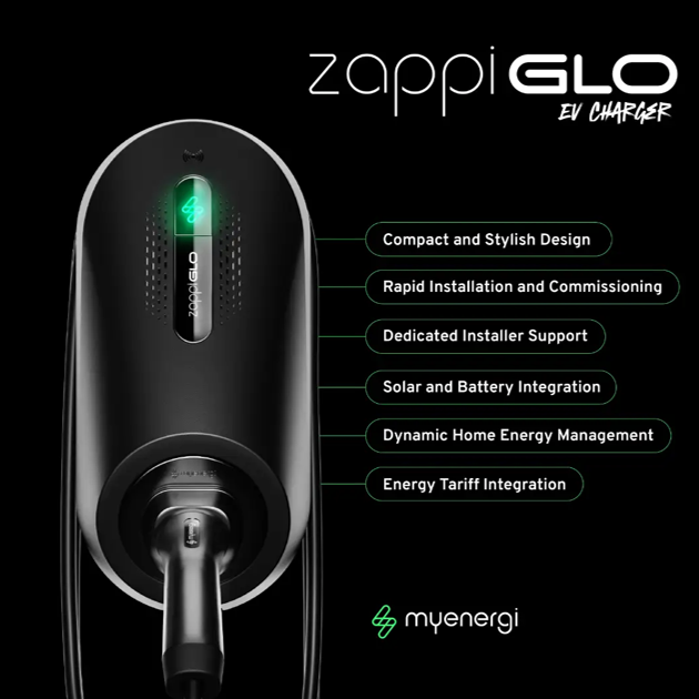 Zappi GLO EV charger with features listed on a black background