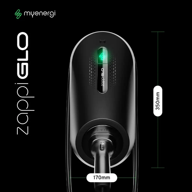 Zappi Glo electric vehicle charging gun with myenergi branding on a black background