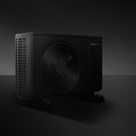 A black outdoor Navien heat pump outdoor unit with a large front fan, side ventilation grille, and a small visible 'NOVIEN' logo on a dark studio background.