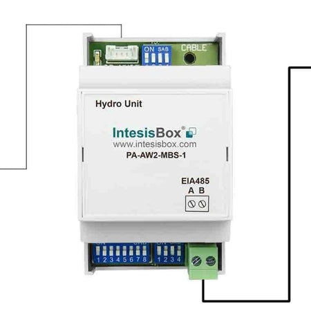 IntesisBox PA-AW2-MBS-1 hydro unit module with a white front housing, blue terminal strip, green cable connector, and printed IntesisBox branding on a white background.