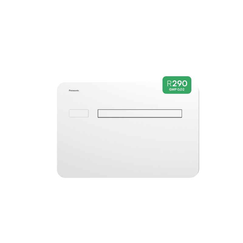 Panasonic wall-mounted air conditioner control panel in white, featuring a slim central slot and a small green R290 GWP 0.02 sticker in the upper right corner.