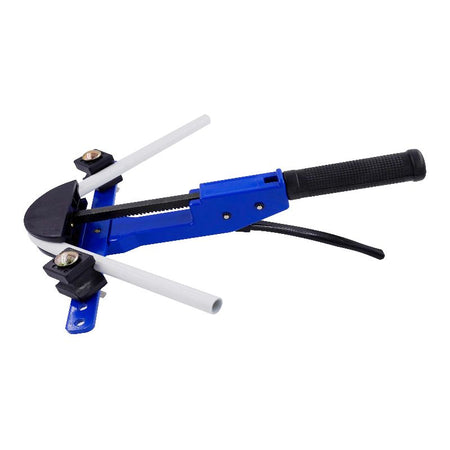 A blue and black pipe bending tool with white metal guide bars, shown on a plain white background.