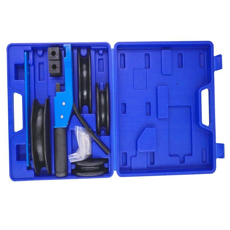 A blue plastic tool kit case opened flat, showing black pulleys, a blue-and-black handle, and other small mechanical parts arranged in molded compartments on a white background.