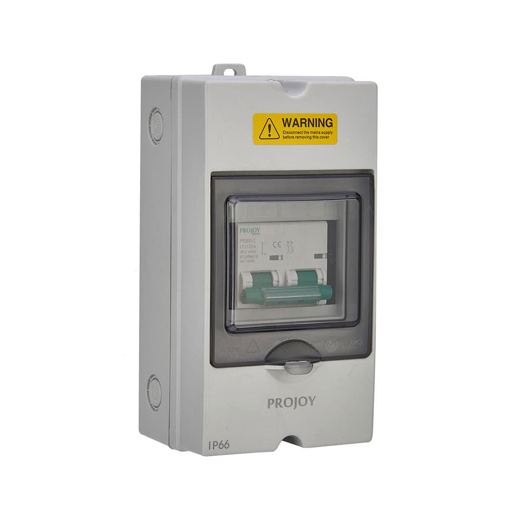 Projoy PEBS-L Battery Isolator with Enclosure – DC MCB 80A/100A/125A 160V, IP66, IEC/EN 60947-2, Solar BESS Battery-Inverter Protection