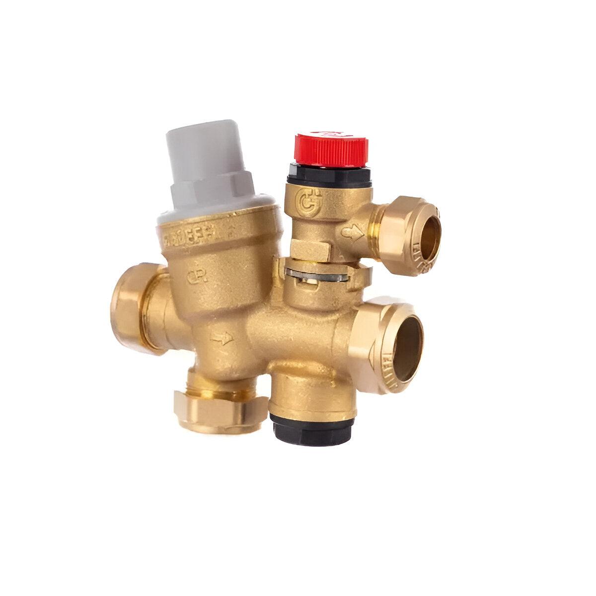 Brass plumbing valve with different colored caps on a white background