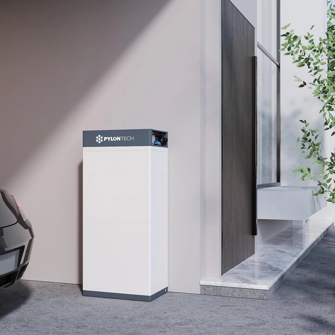 PylonTech solar battery against a modern building exterior.