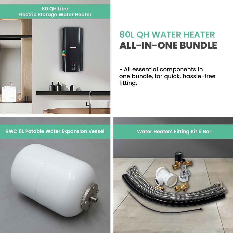80 QH Litre Electric Storage Water Heater Bundle with Expansion Vessel and Fitting Kit
