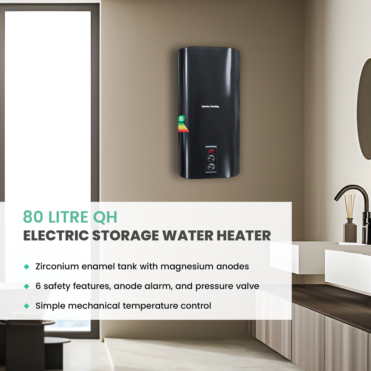 80 litre QH electric storage water heater mounted on a wall in a kitchen setting.