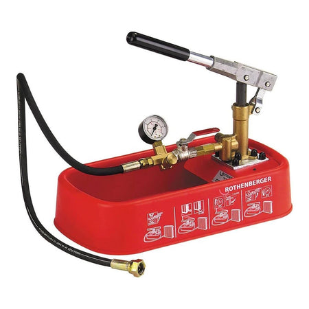 Red Rothenberger pressure pump with hose and pressure gauge on a white background