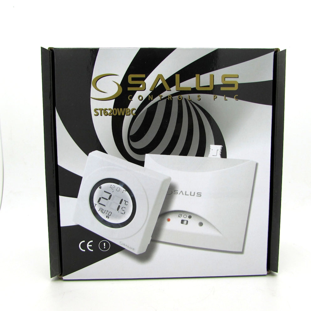Salus controls packaging with digital thermostat on a white background