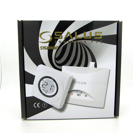 Salus controls packaging with digital thermostat on a white background