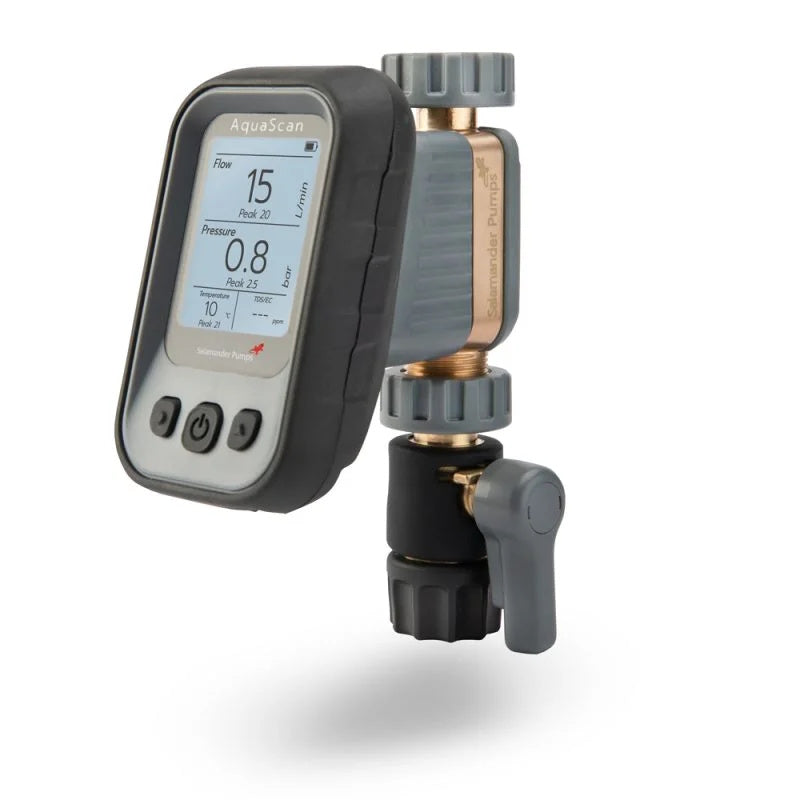 An AquaScan handheld digital flow and pressure meter with a rugged dark gray protective case, attached to a copper and gray inline flow restrictor with a black valve, shown on a white background with a soft shadow.
