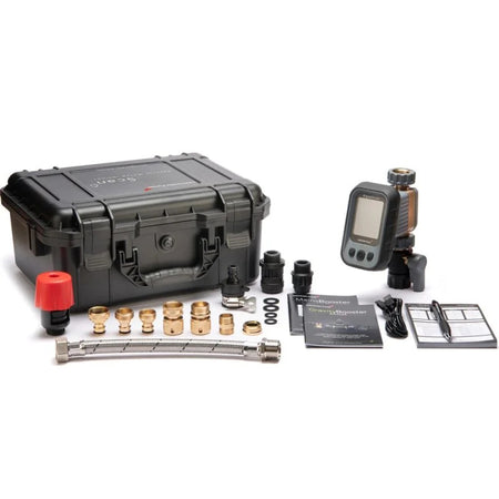 Salamander Aquascan kit with a black hard case, digital controller, brass nozzles, red spray nozzle, metal sprinkler arm, and documentation on a white background.