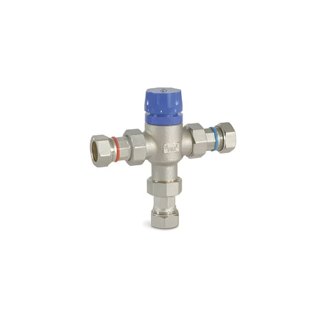 Three-way stainless steel valve with blue handle on a white background