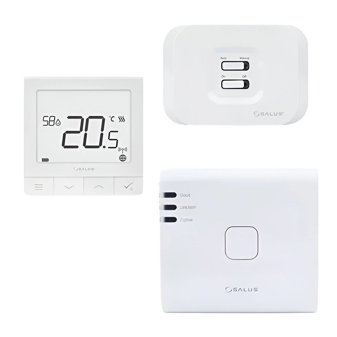 Salus white thermostats on a white background, one with digital display and buttons, the other with fewer controls.