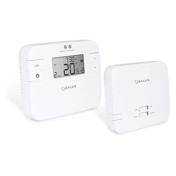 white Salus thermostat and boiler receiver on a white backgroundSalus Boiler Plus Room Thermostat RF Programmable – RT510RF+