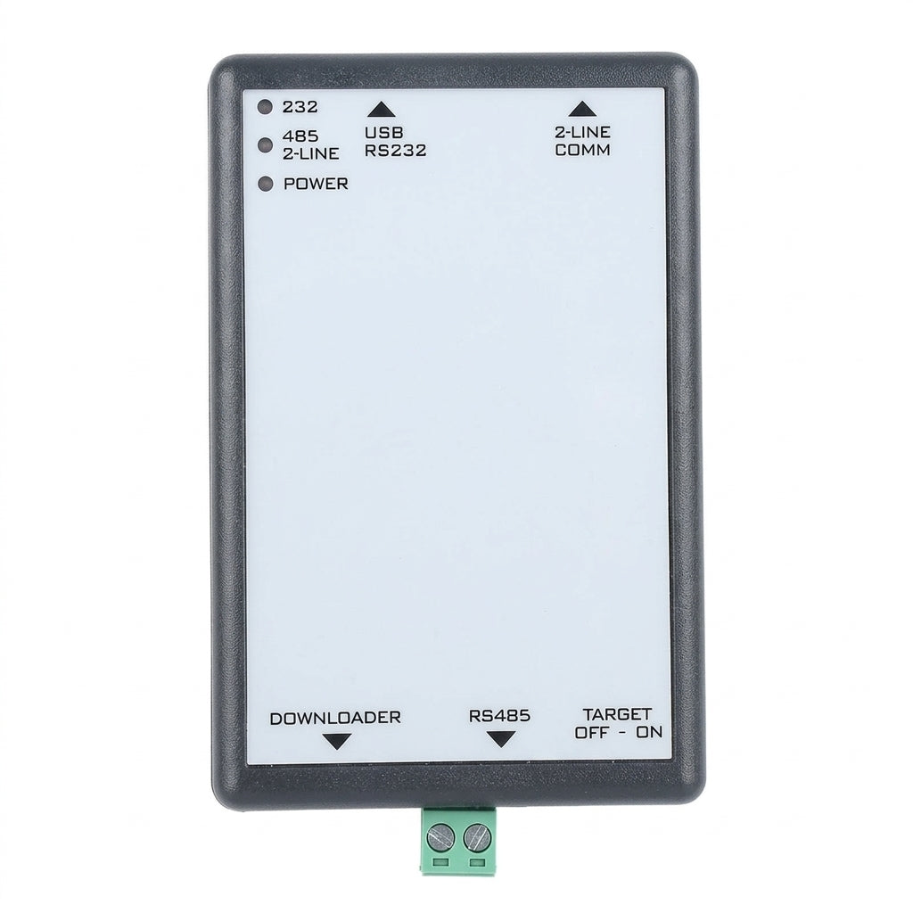 Samsung S-Netpro dongle mim-co2n electronic module with a dark gray frame and a white front panel, featuring printed terminal labels and a small green connector at the bottom, shown on a plain white background.
