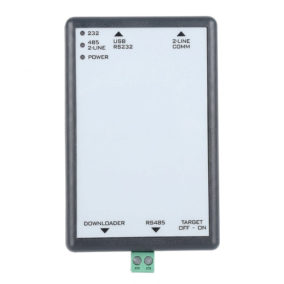 Samsung S-Netpro dongle mim-co2n electronic module with a dark gray frame and a white front panel, featuring printed terminal labels and a small green connector at the bottom, shown on a plain white background.