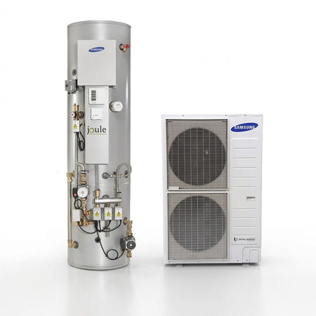 Samsung Joule electric water heater next to its external air source heat pump condenser unit, shown on a clean white background.