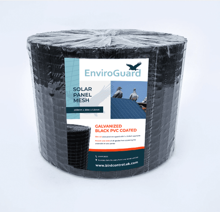 Roll of EnviroGuard solar panel mesh with packaging on a white background