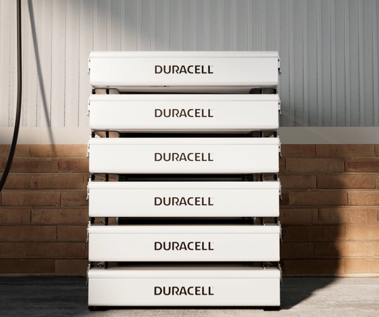 Stack of Duracell Energy Dura5 Outdoor Battery for solar energy storage.
