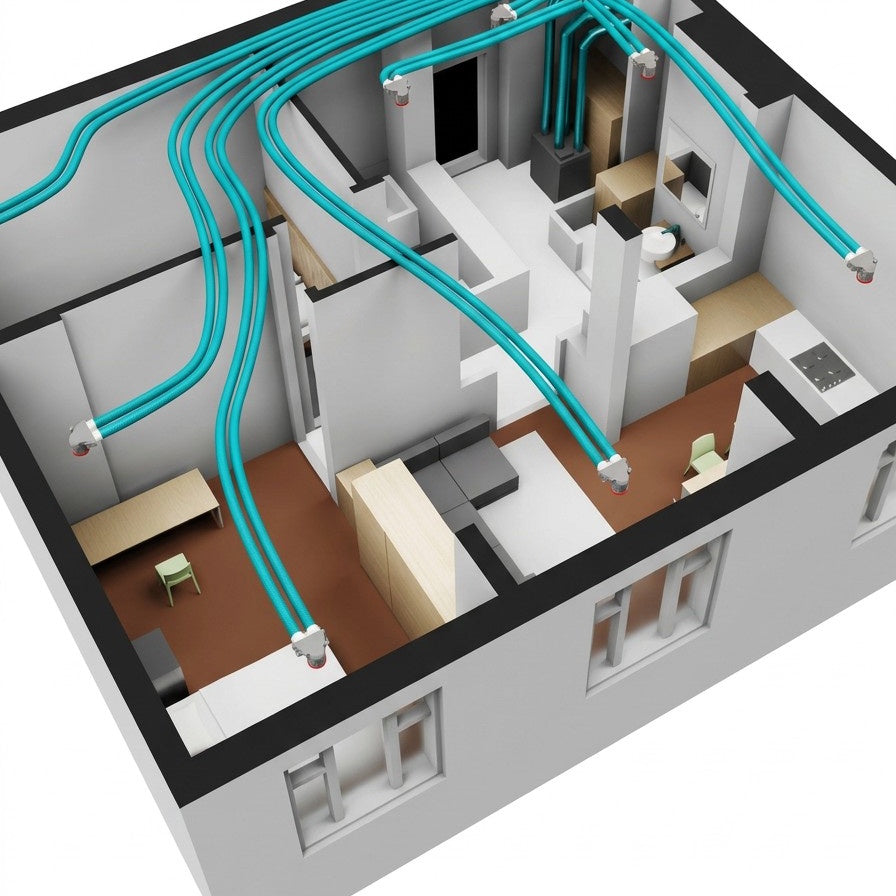 3D architectural cutaway rendering of a house showing turquoise water pipes distributed through rooms, illustrating a ventilation system layout.
