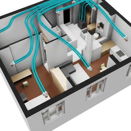 3D architectural cutaway rendering of a house showing turquoise water pipes distributed through rooms, illustrating a ventilation system layout.