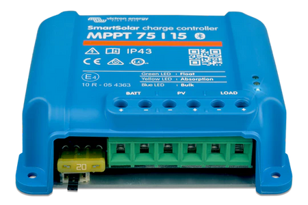 Blue SmartSolar charge controller with visible branding and specifications on a white background