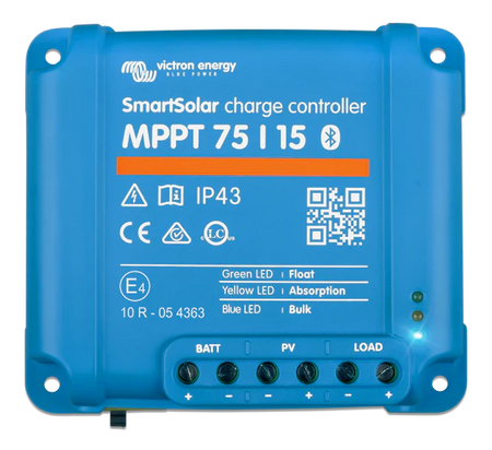 Blue SmartSolar charge controller with Victron Energy branding on a white background