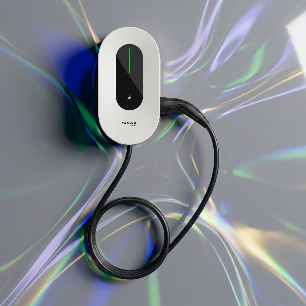 A white SOLAX EV charger mounted on a gray wall, with a black charging cable plugged in and a green indicator light glowing on the front display.