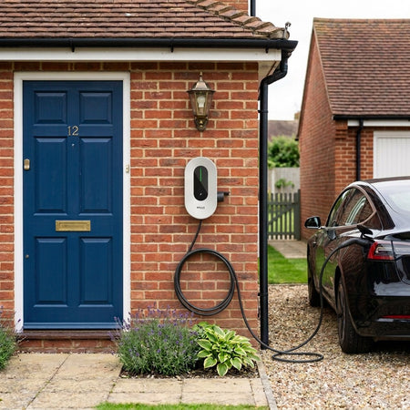 A white wall-mounted Solax charging unit on a red brick house wall, with a black charging cable connected to a black Tesla car parked in a gravel driveway.