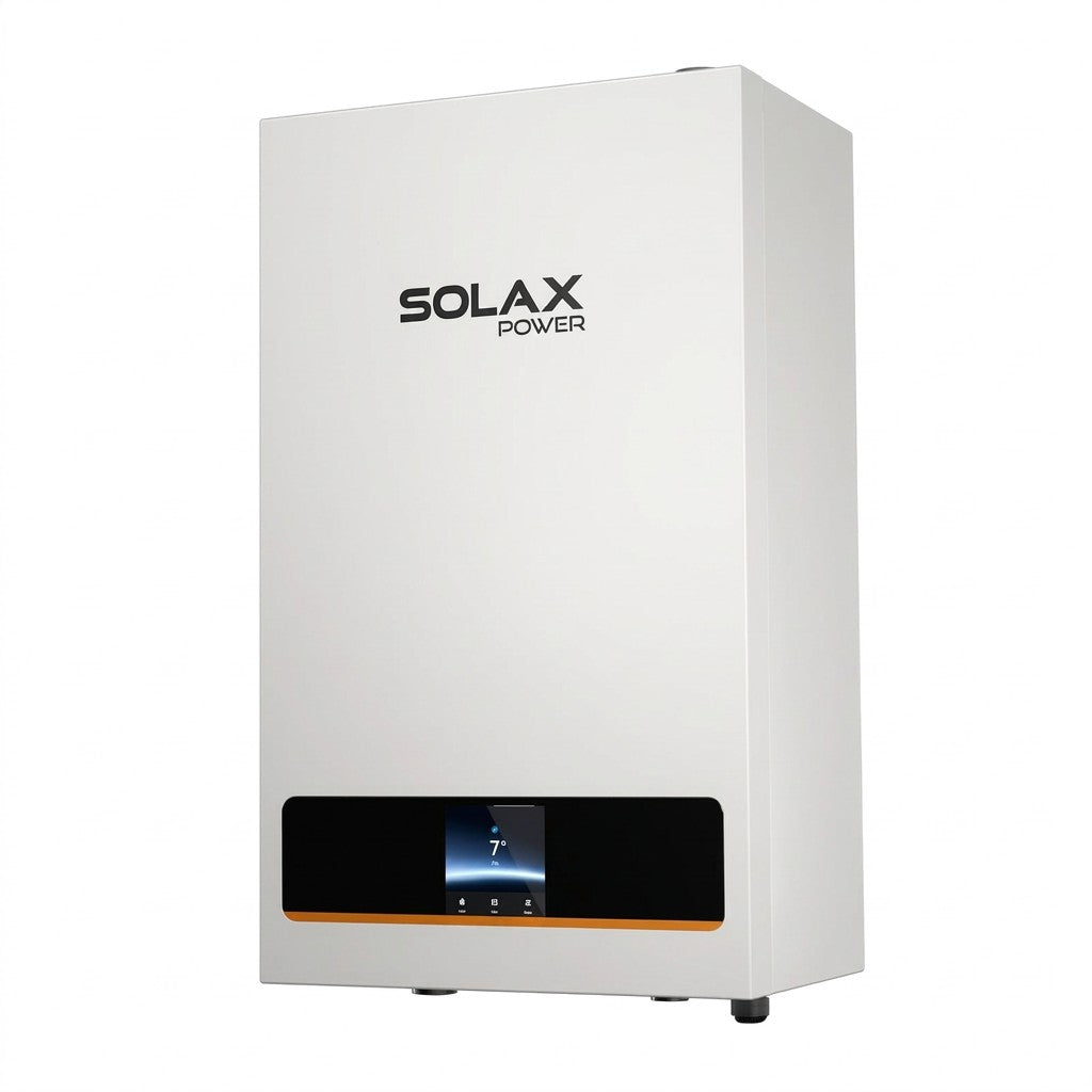 A white SOLAX POWER wall-mounted heat pump or boiler unit with a black control panel and small orange accent strip, shown on a plain white background.