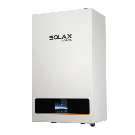 A white SOLAX POWER wall-mounted heat pump or boiler unit with a black control panel and small orange accent strip, shown on a plain white background.