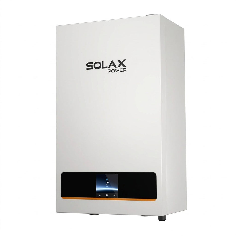 A white SOLAX POWER wall-mounted heat pump or boiler unit with a black control panel and small orange accent strip, shown on a plain white background.