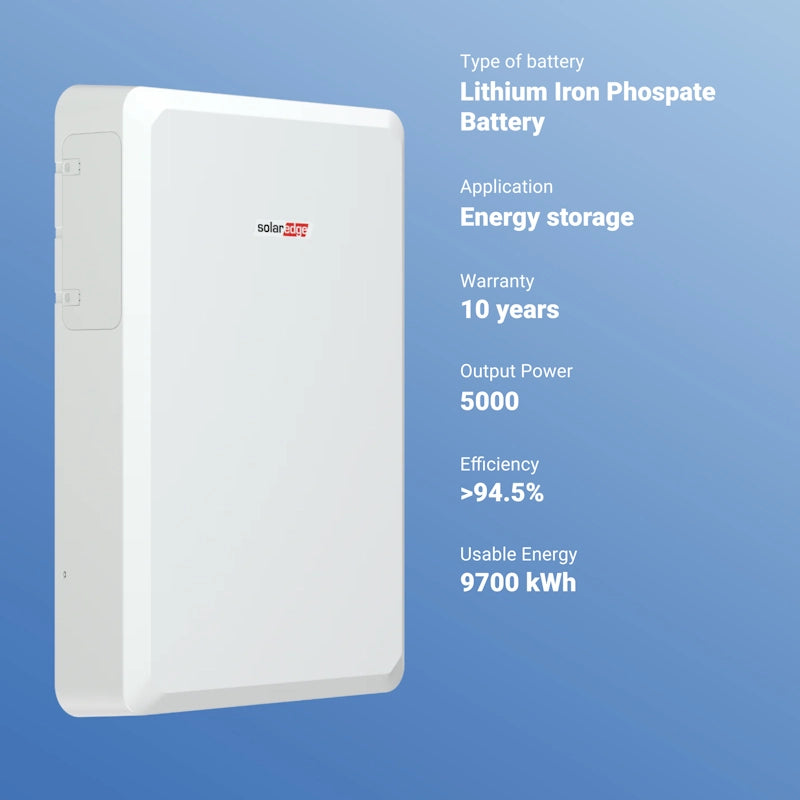 SolarEdge Home Battery 10kWh v02 (400V) specifications and features on a blue background