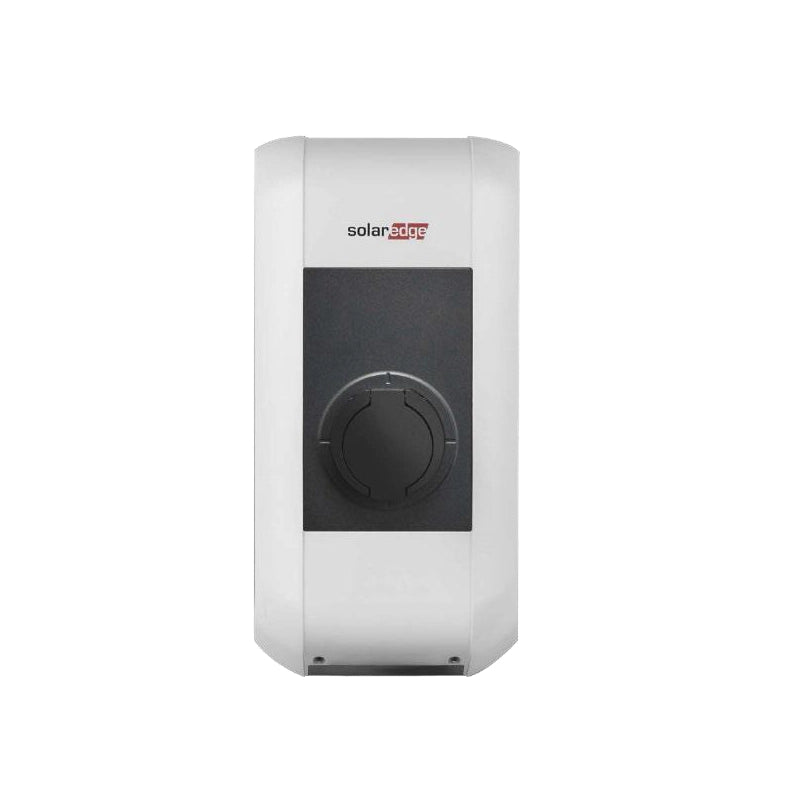 White solaredge ev charger with a black cap on a white background