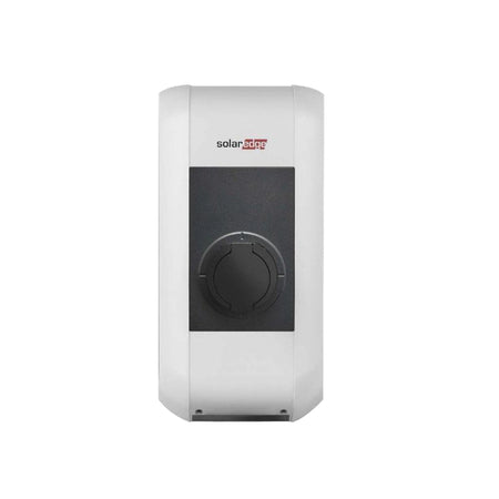 White solaredge ev charger with a black cap on a white background